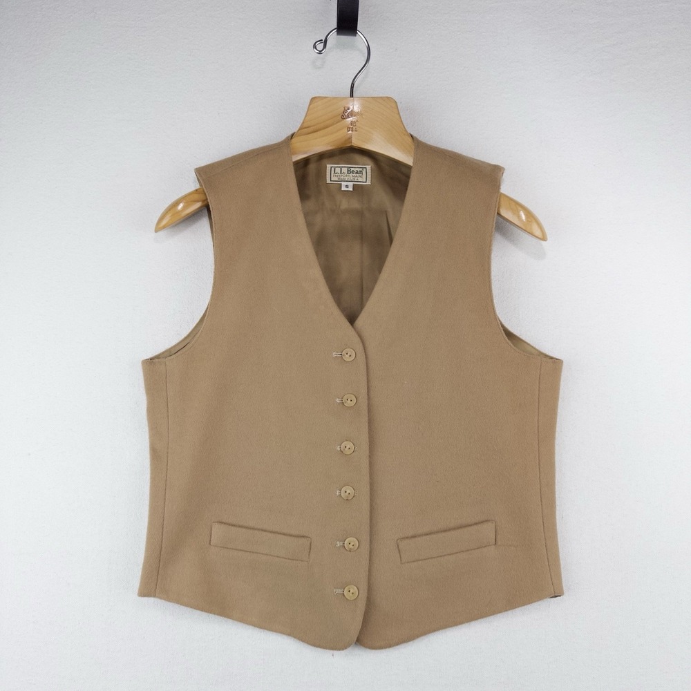 80's Vtg  LL Bean Wool Cashmere Vest Women's Small Camel Tan Button Down